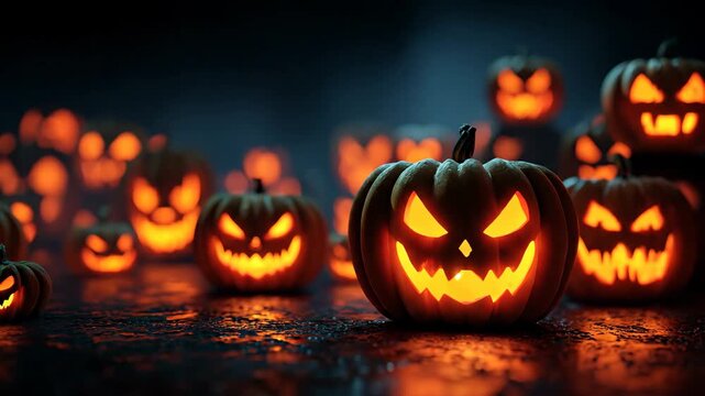 Row of glowing carved pumpkins with spooky faces lit up at night, symbolizing Halloween spirit. The eerie light creates a festive yet mysterious atmosphere perfect for autumn celebrations.
