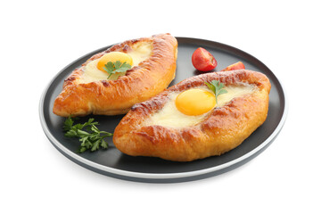 Tasty khachapuris with cheese, eggs, tomatoes and parsley isolated on white