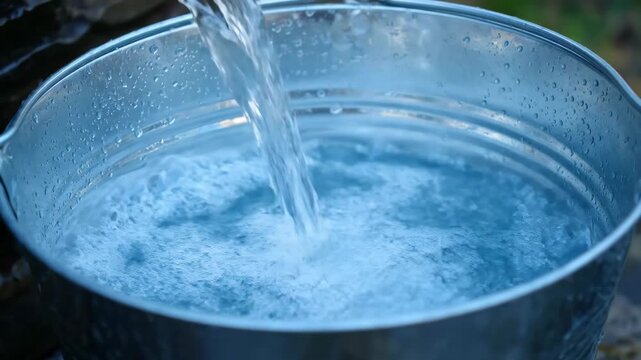 Clear Water Pouring into Galvanized Metal Bucket Outdoors 1.