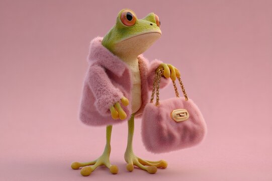 Stylized frog modeling fashion outfit, wearing a fluffy pink coat and holding a matching fuzzy handbag with a gold chain