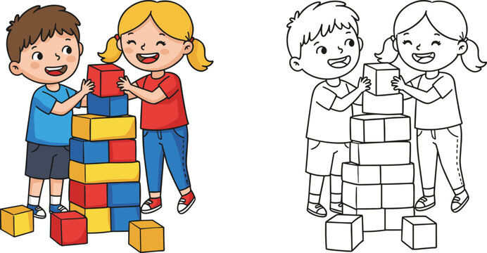 Children building block tower, teamwork and creativity, educational playtime, coloring page version, early learning activity, fun indoor game, developmental skills