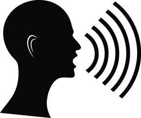 Black silhouette of a head speaking with sound waves