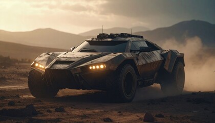 Post apocalyptic armored offroad rusty car with roof rack and stuff