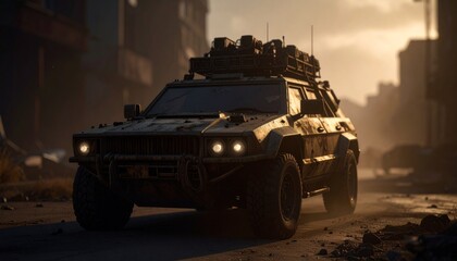 Post apocalyptic armored offroad rusty car with roof rack and stuff