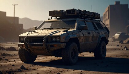 Post apocalyptic armored offroad rusty car with roof rack and stuff