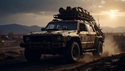 Post apocalyptic armored offroad rusty car with roof rack and stuff
