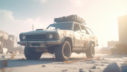Post apocalyptic armored offroad rusty car with roof rack and stuff