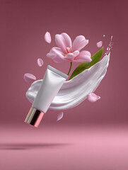 Design advertising poster for cosmetic product. Cosmetic package floating in the air. 3D style. 