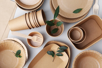 Set of disposable tableware and green leaves on white background, flat lay