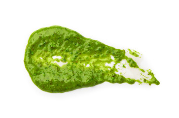 Sample of tasty pesto sauce isolated on white, top view