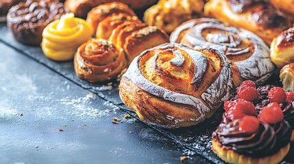 Variety of delicious pastries on dark background showcases bakery delights