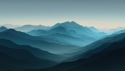 A layered landscape of blue and teal mountain ranges fades into the atmospheric perspective
