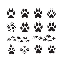 Fototapeta premium Assortment of Animal Paw Prints Footprints and Animal Silhouettes in Motion on White Background