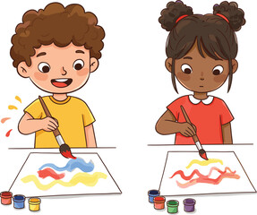 Children painting with colorful paints, creative expression, indoor art activity, early learning, artistic development, focused fun, childhood creativity, education