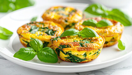 Mini frittatas with spinach on white plate, basil leaves. AI