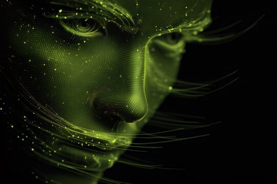 Digital human face formed by glowing green data points and flowing lines, symbolizing artificial intelligence, biometrics, and advanced technology