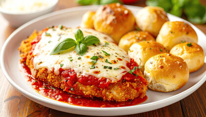 American Italian cuisine, chicken parmesan, tomato sauce, fresh dinner rolls. AI