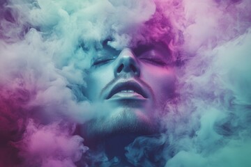 Dreamy artistic portrait of a young adult male in vibrant smoke