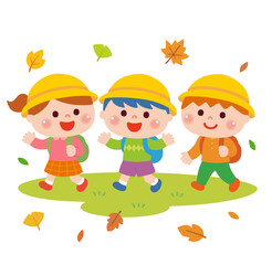 遠足で歩く子どもたち　秋バージョン