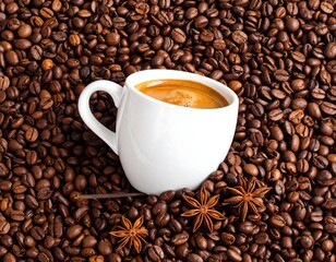 Cup of espresso amidst coffee beans and star anise