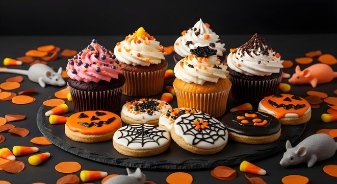 Spooky halloween cupcakes and donuts decorated with candy corn and festive sprinkles
