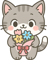 꽃다발을 든 귀여운 고양이 캐릭터