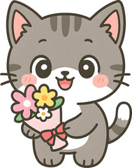 꽃다발을 든 귀여운 고양이 캐릭터