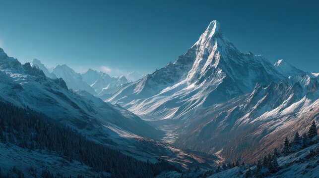 Majestic Snow-Capped Mountain Range with Clear Sky on a Sunny Day