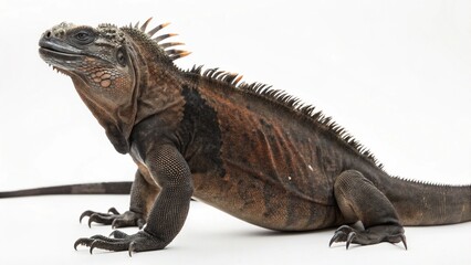 Obraz premium Marine Iguana with dark scaly skin, robust body, and spiny dorsal crest, perched on a clean white studio background, realistic reptile portrait, sharp focus, professional lighting