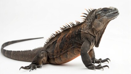 Fototapeta premium Marine Iguana with dark scaly skin, robust body, and spiny dorsal crest, perched on a clean white studio background, realistic reptile portrait, sharp focus, professional lighting