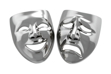 Classic silver theater masks representing comedy and tragedy emotions isolated on transparent background