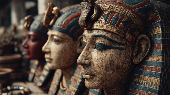 Detailed Ancient Egyptian Pharaoh Busts with Intricate Headdresses and Textures - Powered by Adobe