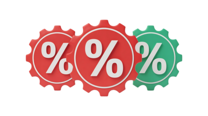 Three interlocking gears with percentage symbols representing financial concepts and business operations isolated on transparent background