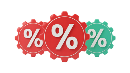 Three interconnected gears with percentage symbols representing financial concepts and business operations isolated on transparent background