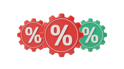 Three stylized gears with percentage symbols inside representing financial concepts and business operations isolated on transparent background