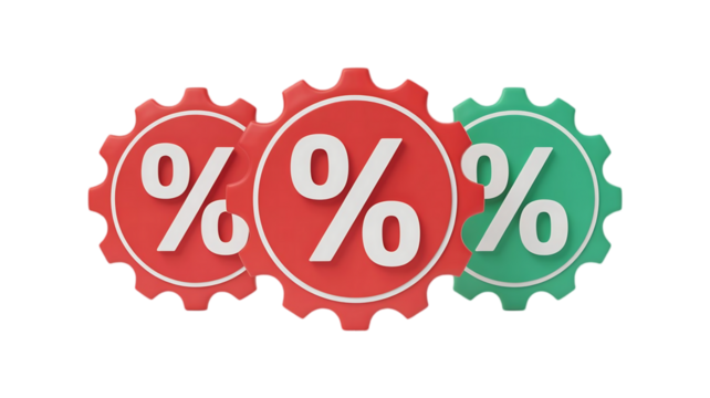Three interlocking gears with percentage symbols representing financial concepts and business operations isolated on transparent background