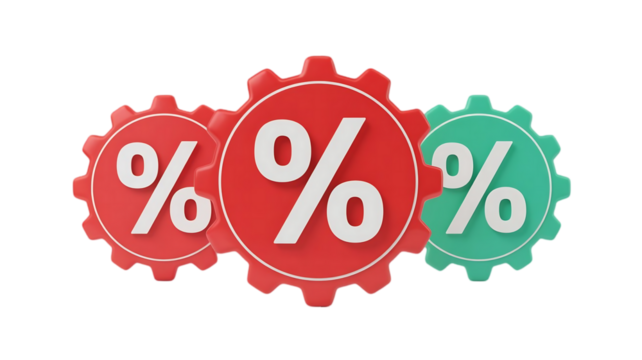 Three interconnected gears with percentage symbols representing financial concepts and business operations isolated on transparent background
