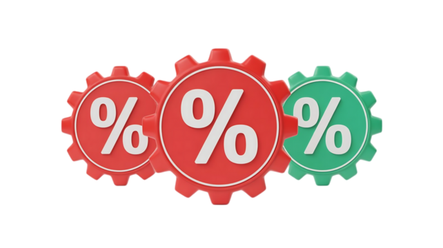 Three stylized gears with percentage symbols inside representing financial concepts and business operations isolated on transparent background