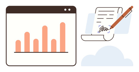 Bar chart in a browser window beside a digital document being signed with a pen. Ideal for analytics, data visualization, document management, productivity, online tools, digital workflow, simple