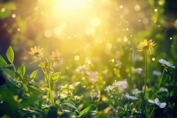 Fototapeta premium Bright sunlight illuminates blooming flowers in a lush green garden during springtime