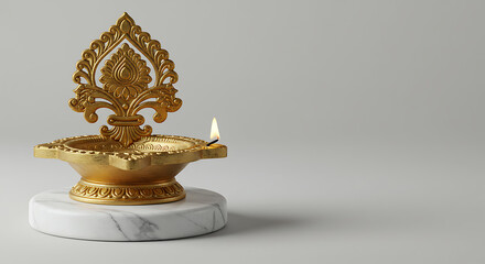 Ornate gold brass diya oil lamp with traditional filigree design lit on a round white marble pedestal. Elegant spiritual home decor for diwali festival celebration against a clean grey background with