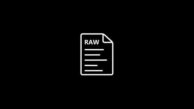White outline icon of a document with RAW text and lines on black background Keywords: RAW, file, document, icon, symbol, graphic, format, image, data, digital, computer, technology