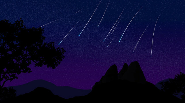 Meteor Shower Over Tranquil Night Sky, Silhouetted Landscape, Streaks of Light, Mild Milky Way Haze, Shooting Stars, Gradient Tones, Deep Blue to Violet, High Resolution Celestial Imagery for Science/ - Powered by Adobe