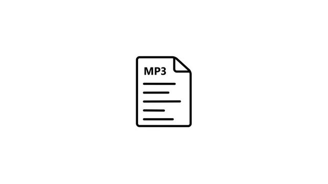 Black outline icon of an M P3 file document on a white background audio