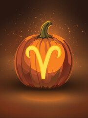 Aries Pumpkin Glow – Zodiac Halloween Carving. A glowing jack-o'-lantern carved with the Aries zodiac symbol, radiating warm orange and golden light against a dark autumnal backdrop. 