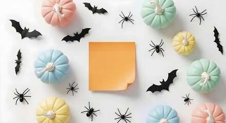 Elegant Halloween flat lay with a metallic pumpkin, bronze leaves, and spiderwebs on a dark background, featuring a glowing 'Spooky Season!' note, perfect for festive autumn designs