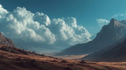 Dramatic cloudscape over rugged mountain valley landscape with cinematic lighting