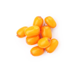 Fresh ripe sea buckthorn berries isolated on white, top view