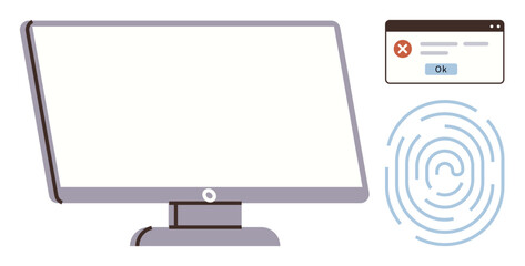 Computer monitor with error notification, fingerprint scanner, emphasizing cybersecurity, identity verification, and digital authentication. Ideal for security, technology, privacy, data protection