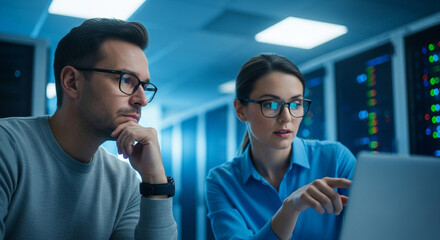 In the modern data center, two it engineers collaborate on a laptop to manage servers and network infrastructure